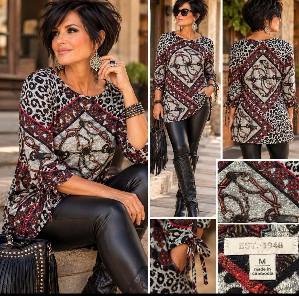 EST 1948 Women’s M Leopard Print Equestrian Chain Scarf Print Tunic Top